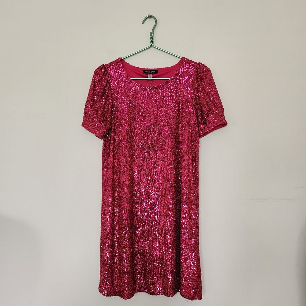 Cable & Gauge Pink Sequin Shift Dress Short Puff Sleeve Fuchsia Party Mini S NWT - Picture 2 of 8